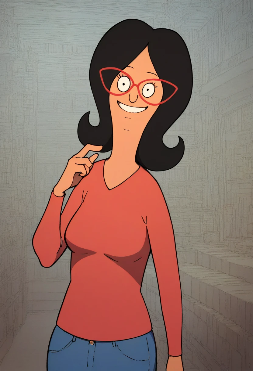 linda, 1girl, black hair, solo, glasses, red-framed eyewear, smile, red shirt, looking at viewer,upper body, jeans, long sleeves, pants, score_9, score_8_up, score_7_up, score_6_up,looking at viewer,  zPDXLxxx,
