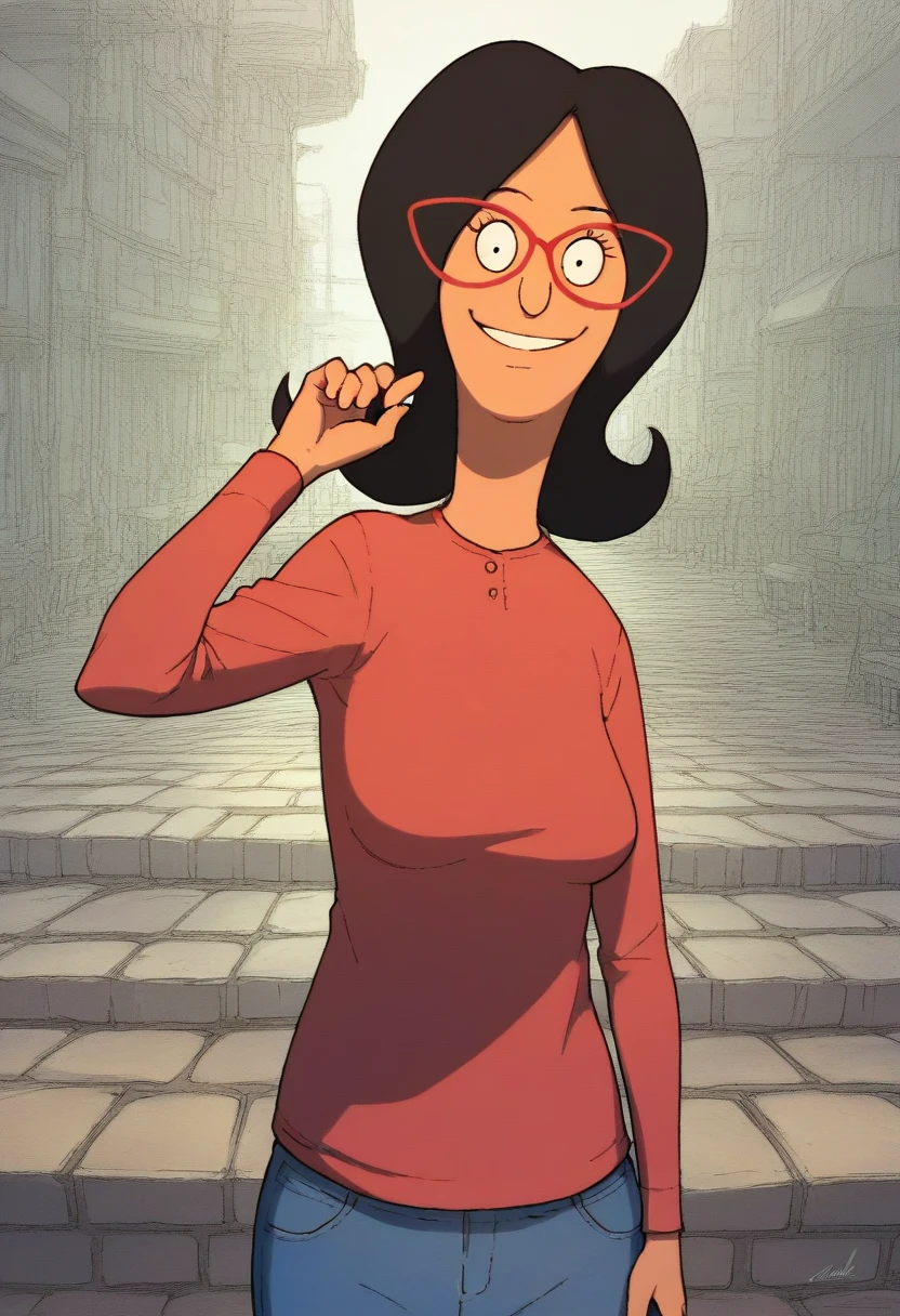 linda, 1girl, black hair, solo, glasses, red-framed eyewear, smile, red shirt, looking at viewer,upper body, jeans, long sleeves, pants, score_9, score_8_up, score_7_up, score_6_up,looking at viewer, zPDXLxxx,