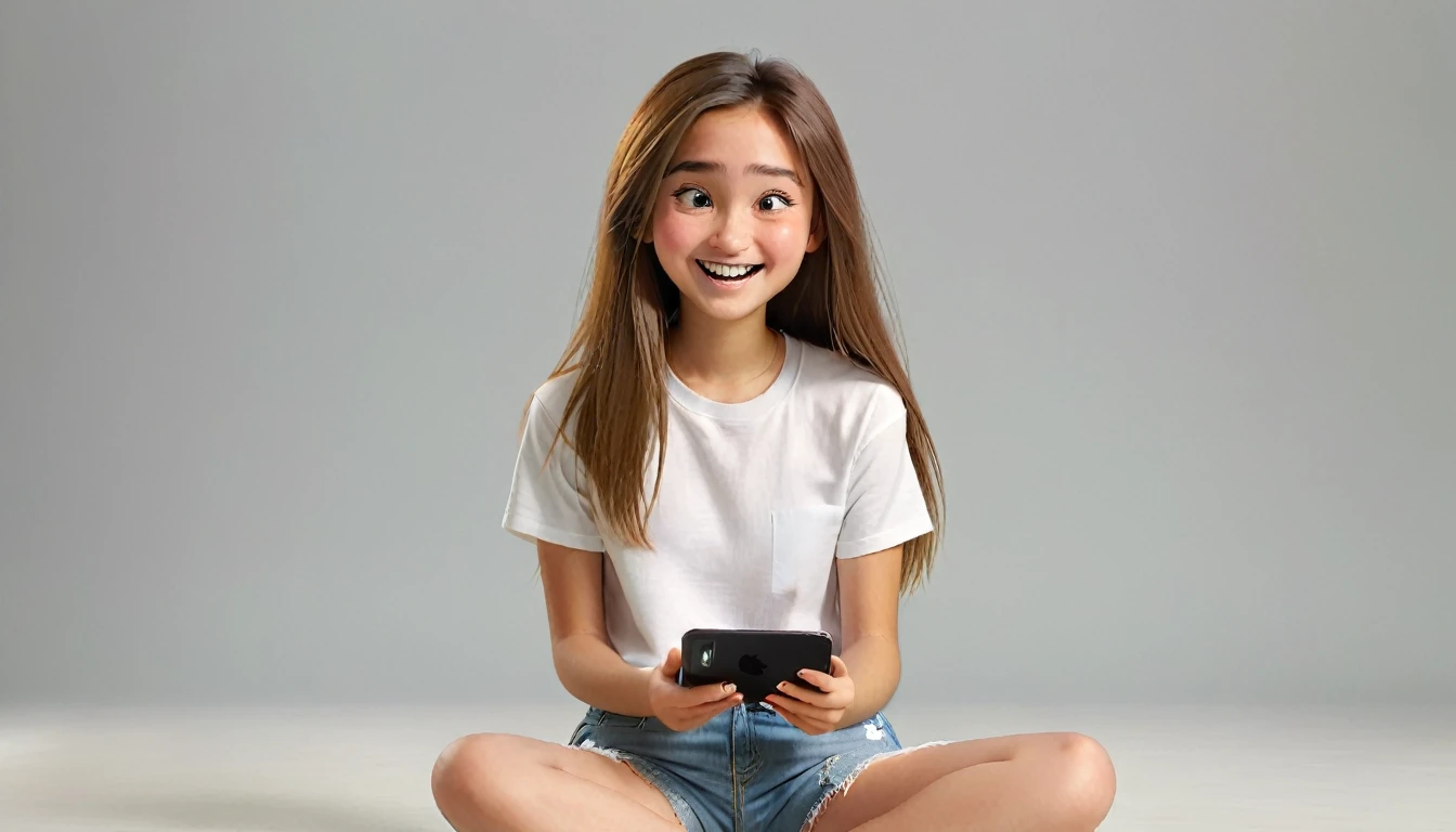 ((masterpiece, best quality)), award winning, 4k, 8k, simple background, photography, visible face, (one girl), 20 years old, Teenage girl with a cheerful and playful demeanor. She has long, straight hair, a simple white plain t-shirt and denim shorts. sitting in, typing in Iphone. Pixar Character.