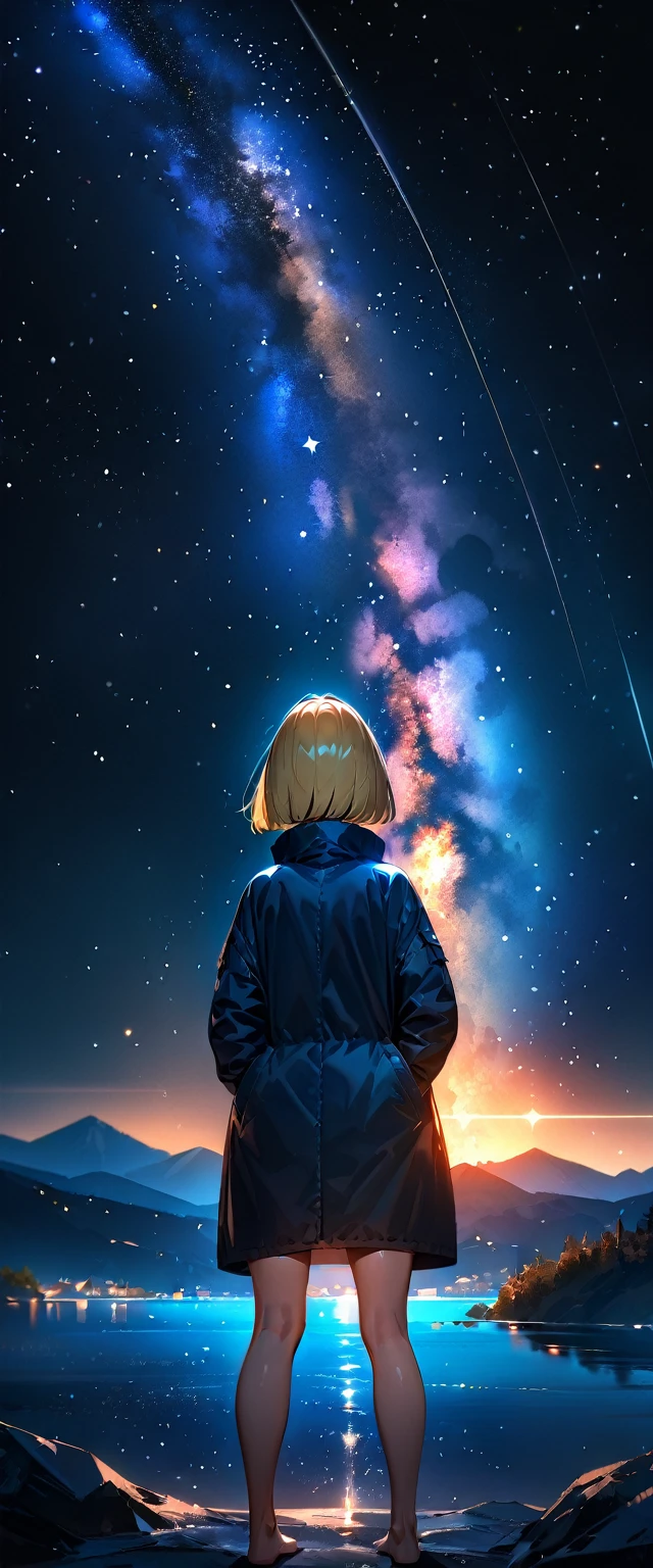 (((A meteor shower dancing in the night sky, countless stars twinkling in the clear air, a beautiful starry sky, the Milky Way shining beautifully in the night))), high collar, hands in pockets, looking up, mountain, wide shot, back shot, a girl, bob cut, bare legs, bare foot, blond hair, (best quality, 4K, 8K, highres, masterpiece:1.2, ultra-detailed, HDR, uhd, studio lighting, ultra-fine painting, sharp focus, physically-based rendering, extreme detail description, professional, vivid colors, bokeh)