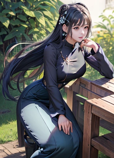 photorealistic, high resolution, masterpiec e best quality ultra-detailed, 1women. (m edium breast), hair bun, jesmine flower o n the head, mature female, solo, hips up, (wearing acmmsayarma outfit, acmmsaya rma blue top with buttons, long sleeves), ((acmmsayarma black long skirt) yellow dress
