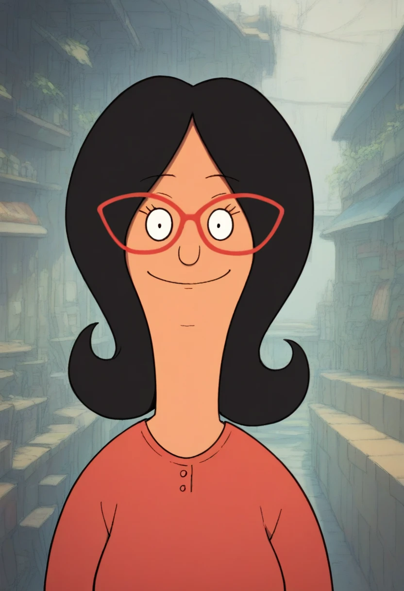 linda, 1girl, black hair, solo, glasses, red-framed eyewear, smile, red shirt, looking at viewer,upper body, jeans, long sleeves, pants, score_9, score_8_up, score_7_up, score_6_up,looking at viewer, zPDXLxxx,