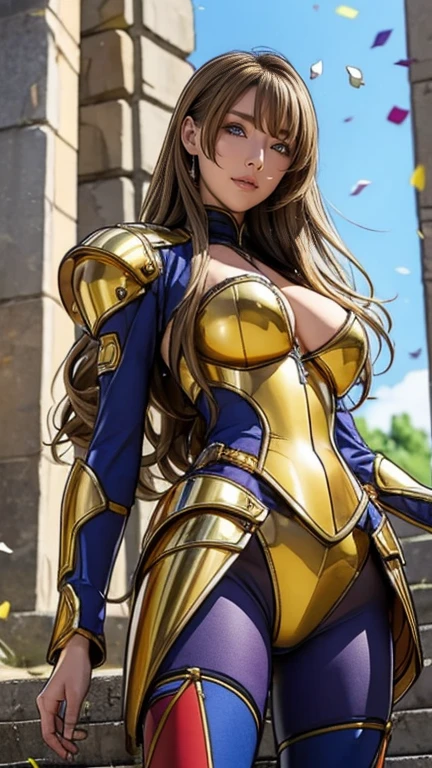 best quality, official art, masterpiece, textile shading, HDR, very detailed, colorful, best details, fantasy, battle suit, Yuki Mori:1.5, 1 female, 25 years old, gold hair, long hair, curly hair, best quality, official art, masterpiece, textile shading, HDR, very detailed, colorful, best details, fantasy, battle suit,1 female, 25 years old, standing on stairs, a castle town with an old castle view, sunny, random hair, big breast, skinny, Surrounded by a large crowd:1.9, Confetti flutters, Blessed, Being welcomed:1.5, cameltoe:1.3, ground level shot:,