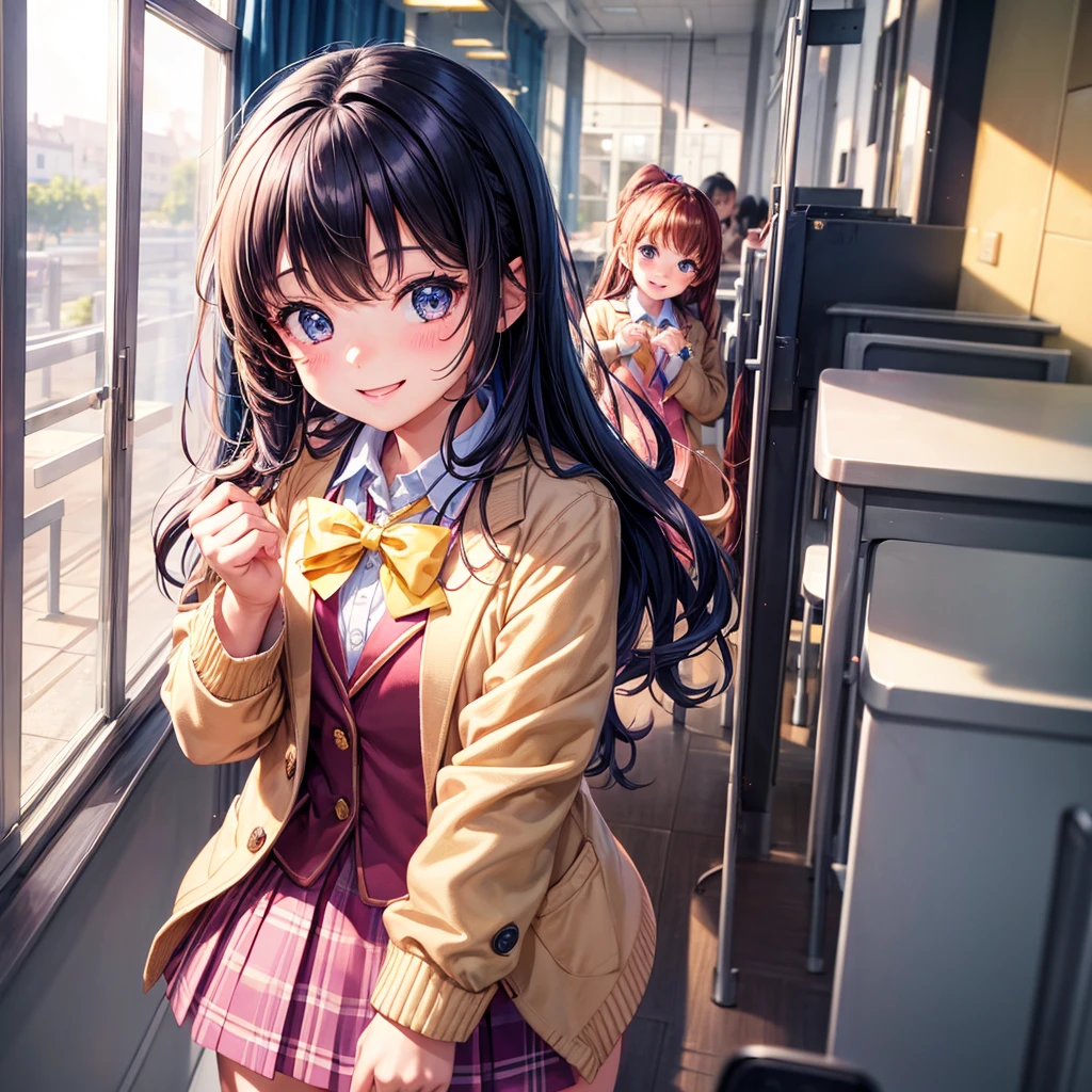 Girl,Elementary school girl,5Year old girl,smile, girl,masterpiece,Beautiful cutenesodel,Cute Girls,Long Hair,Sparkling eyeulticolored hair colors,uniform,blazer,cardigan,perfection,Angel,Best Quality,8K