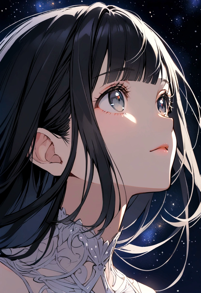 girl with long black hair with even and straight bangs, gray eyes, wearing a white dress, looking up at the starry sky