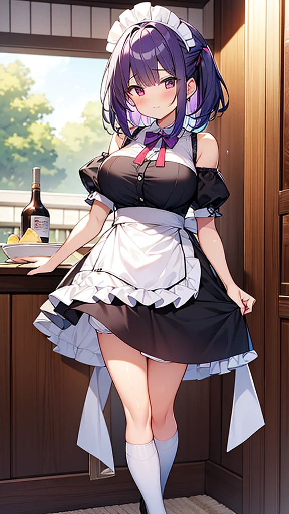 最high quality, high quality, Super detailed, 32k, Ultra-detailed details, waitress(only, Standing, pretty girl, beautiful purple hair, short hair, Beautiful RED eyes, mature, Big Breasts, A light smile, Off-the-shoulder sleeveless Summer メイド服, Summer casual maid clothes, Short skirt, Blue and white color striped underwear, Black knee socks, loafers, My crotch is wet with love juice, 18-year-old,cute), {{waitressに成りすましてたサキュバスはターゲットの男の妹に近づいて妹から顔の皮を剥がして自身の顔に貼り付けて妹の顔になったwaitressのサキュバス, The hem of her skirt is lifted high, exposing her underwear}}, She has transformed from a shy maid into a lewd one., A maid with her sister&#39;s face stuck on her face is vigorously pistoning her body, A maid who moves her body vigorously without caring if her breasts bounce, Super detailed, indoor, Full body image, ((Head to Toe:1.3)), NSFW