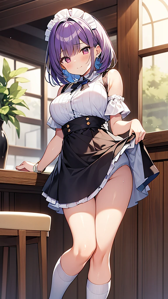 最high quality, high quality, Super detailed, 32k, Ultra-detailed details, waitress(only, Standing, pretty girl, beautiful purple hair, short hair, Beautiful RED eyes, mature, Big Breasts, A light smile, Off-the-shoulder sleeveless Summer メイド服, Summer casual maid clothes, Short skirt, Blue and white color striped underwear, Black knee socks, loafers, My crotch is wet with love juice, 18-year-old,cute), {{waitressに成りすましてたサキュバスはターゲットの男の妹に近づいて妹から顔の皮を剥がして自身の顔に貼り付けて妹の顔になったwaitressのサキュバス, The hem of her skirt is lifted high, exposing her underwear}}, She has transformed from a shy maid into a lewd one., A maid with her sister&#39;s face stuck on her face is vigorously pistoning her body, A maid who moves her body vigorously without caring if her breasts bounce, Super detailed, indoor, Full body image, ((Head to Toe:1.3)), NSFW