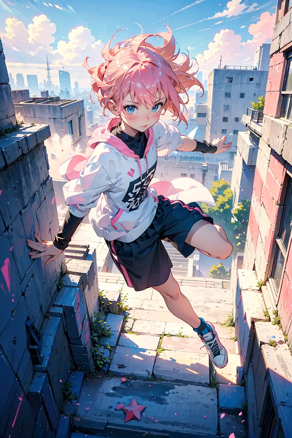 1girl,solo,cool,sporty,casual fashion,pink hair and short hair,black sneaker,big bust,jumping,building to building,sky,parkour,dynamic,from above,from the front