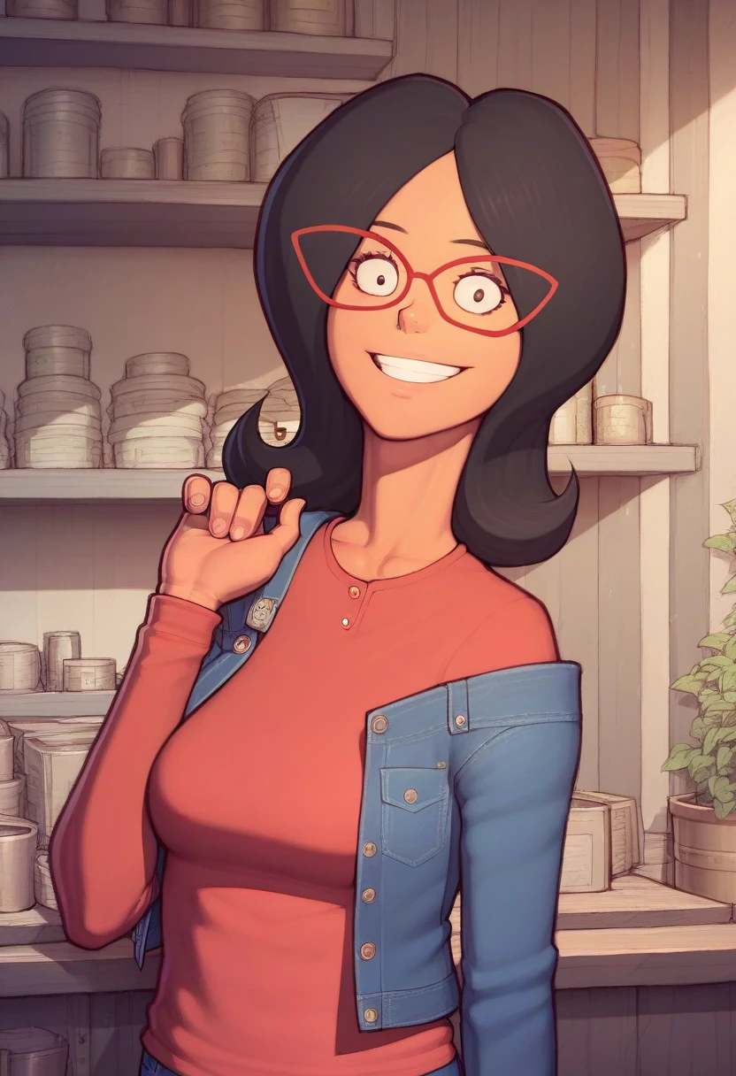 linda, 1girl, black hair, solo, glasses, red-framed eyewear, smile, red shirt, looking at viewer,upper body, jeans, long sleeves, pants, score_9, score_8_up, score_7_up, score_6_up,looking at viewer,  zPDXLxxx, asura \(asurauser\),