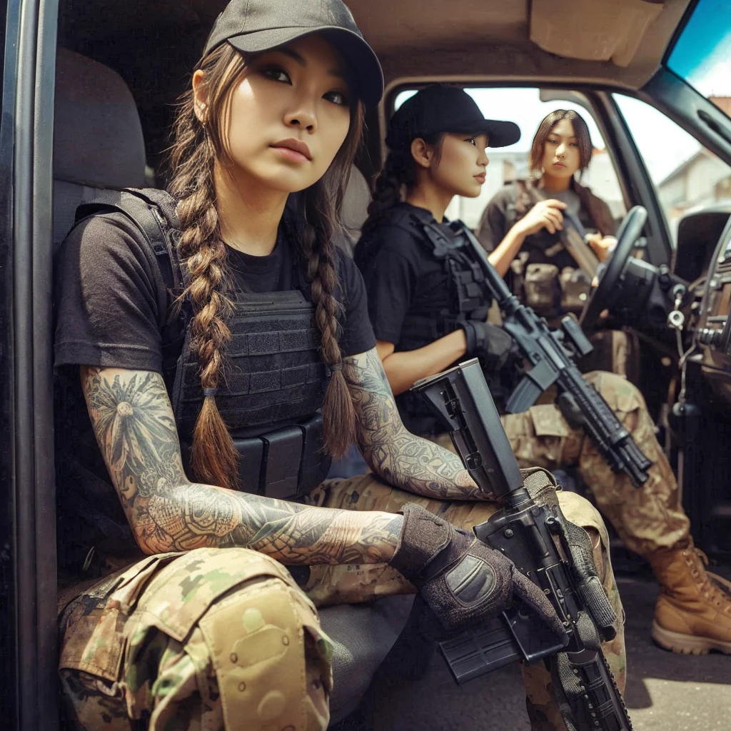 a beautiful Japanese American female Navy SEAL member, automatic rifle, breaching team, faces, front of a personnel transport van, cap, braids, military pants, boots, tattoo, black T-shirt, body armor, looking through the window of a car from the outside, talking to the driver, toned physique, interesting composition, (best quality,8k,photorealistic:1.37),realistic skin texture