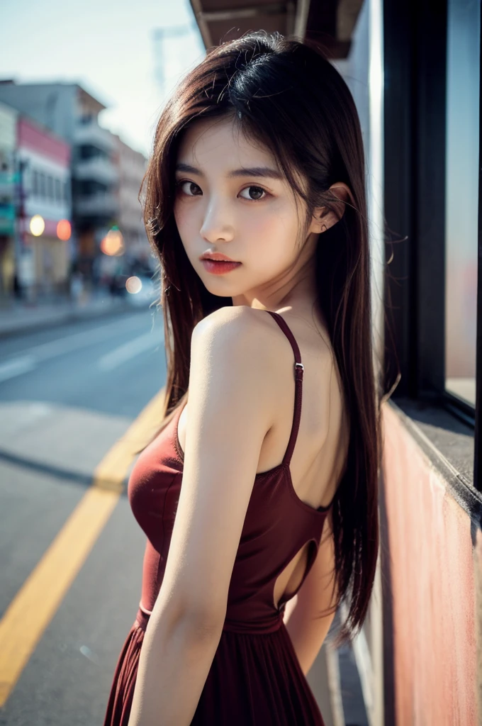 cowboy shot,
1girl, jirai kei,red shirt, black dress,
korean,arm tattoo, street,