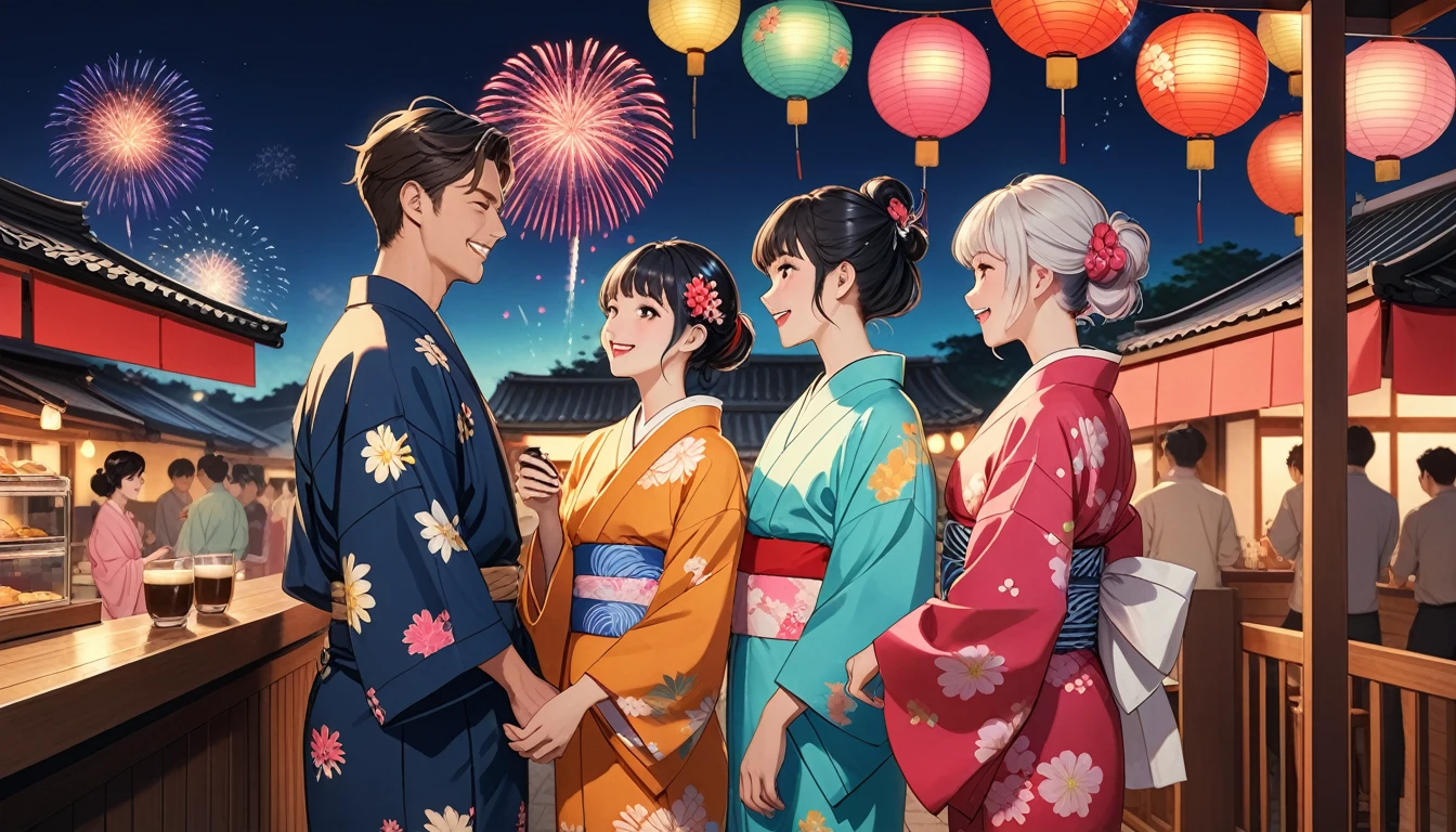 Cafe、Lovers of men and women、seems to be happy,smile、Fireworks display、 Multicolored Hair, 、Retro costumes, yukata, Glancing sideways, Hyper Pop, stylish、 Retro feel, overview, masterpiece, Highest quality,