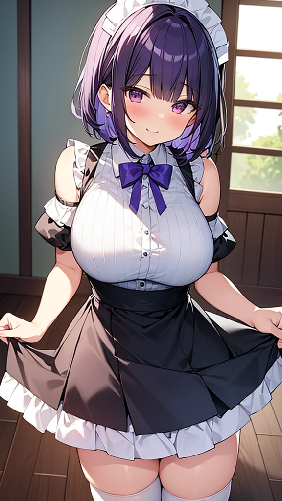 最high quality, high quality, Super detailed, 32k, Ultra-detailed details, Sister and maid, {{メイドのサキュバスは妹の顔になってる}}, (Standing, pretty girl, beautiful purple hair, short hair, Beautiful RED eyes, mature, Big Breasts, A light smile, Off-the-shoulder sleeveless Summer かわいい メイド服, Summer casual maid clothes, Short skirt, Blue and white color striped underwear, Black knee socks, loafers, She's holding up her skirt with both hands to show her underwear, 18-year-old,cute), A maid who moves her body vigorously without caring if her breasts bounce, Super detailed, indoor, Full body image, ((Head to Toe:1.3)), NSFW