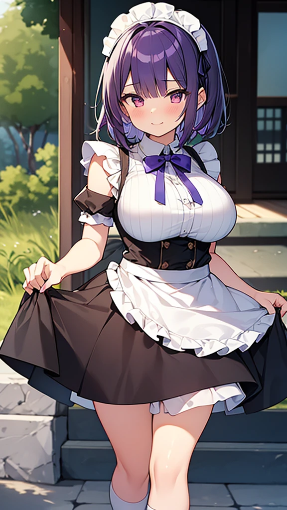 最high quality, high quality, Super detailed, 32k, Ultra-detailed details, Sister and maid, {{メイドのサキュバスは妹の顔になってる}}, (Standing, pretty girl, beautiful purple hair, short hair, Beautiful RED eyes, mature, Big Breasts, A light smile, Off-the-shoulder sleeveless Summer かわいい メイド服, Summer casual maid clothes, Short skirt, Blue and white color striped underwear, Black knee socks, loafers, She&#39;s holding up her skirt with both hands to show her underwear, 18-year-old,cute), A maid who moves her body vigorously without caring if her breasts bounce, Super detailed, indoor, Full body image, ((Head to Toe:1.3)), NSFW