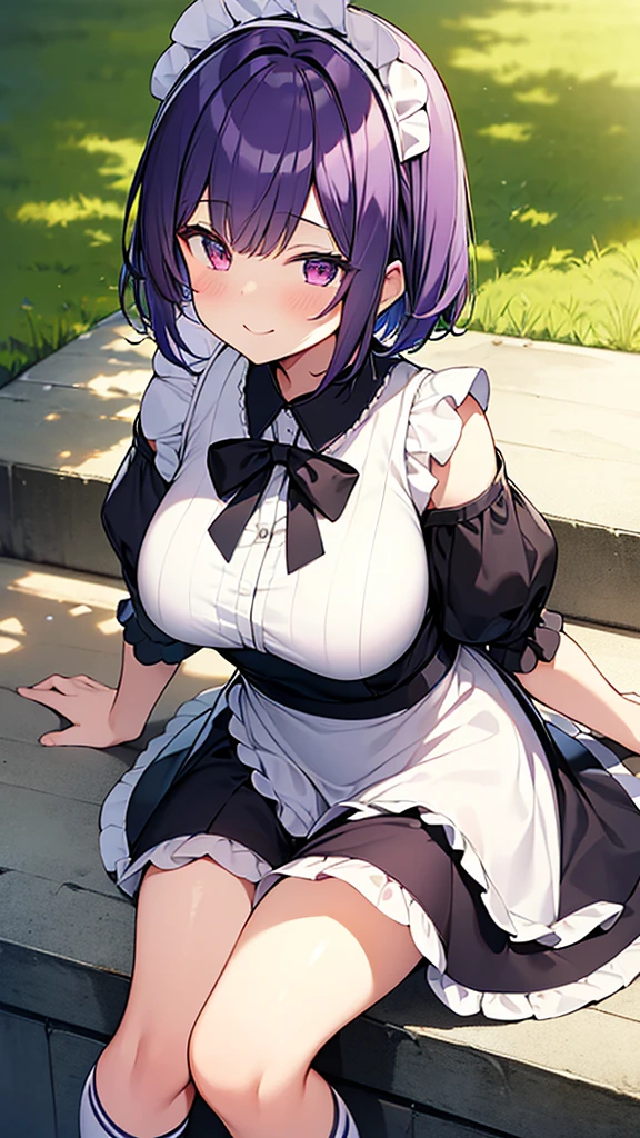 最high quality, high quality, Super detailed, 32k, Ultra-detailed details, (only, pretty girl, beautiful purple hair, Beautiful purple eyes, Big Breasts, A light smile, Red eyes, Off-the-shoulder sleeveless Summer clothes, Summer casual maid clothes, Short skirt, Blue and white color striped underwear, Black knee socks, My crotch is wet with love juice, 18-year-old,cute), {{A succubus strips off the face and clothes of a murdered maid and engages in intense vaginal sex with her master, bouncing her breasts.}}, She has transformed from a shy maid into a lewd one., 妹の顔を貼り付けた顔で体を激しくピストンしてるメイド, 胸がバウンドしてもかまうことなく激しく体を動かすメイド, ((She straddles a sleeping man and has intense vaginal sex:1.5)), Cowgirl Sex,  NSFW