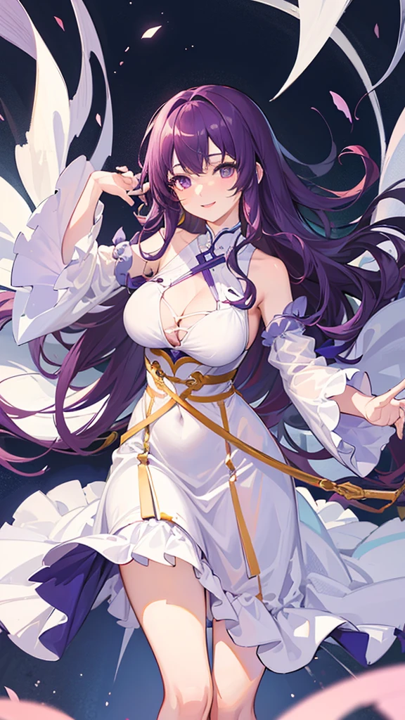 Highest quality, shape, Very detailed, In detail, High resolution, 8k wallpaper, Perfect dynamic composition, Beautiful details, Center of chest, Natural color lip, Random sexy poses,smile,20-year-old girl,Huge , A woman with long wavy purple hair wearing a white dress and blue apron。