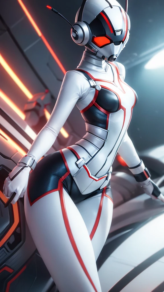 Ant-Man Costume。Beautiful Face。big eyes，Long eyelashes。High nose bridge。Beautiful clavicle。White and tender skin，Pointed chest。Thin waist and hips。Long legs and beautiful feet。Thighs exposed。Exposed shoulders。High resolution，Professional Lighting。High Detail。.
