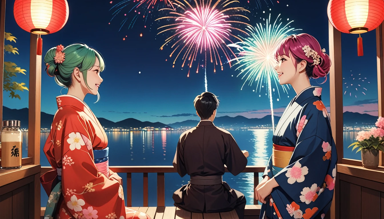 Cafe、Lovers of men and women、seems to be happy,smile、Fireworks display、 Multicolored Hair, 、Retro costumes, yukata, Glancing sideways, Hyper Pop, stylish、 Retro feel, overview, masterpiece, Highest quality,