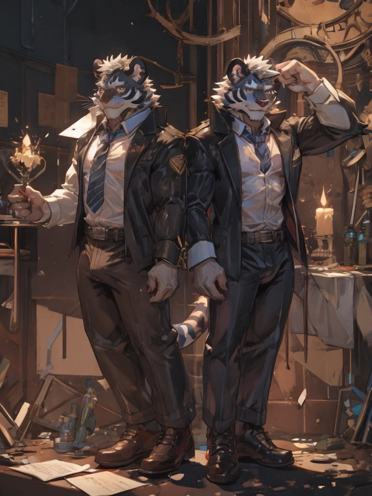 {{bara extremely handsome white tiger,}} {{white fur,}} white, wearing elegant ornate suit jacket, trousers, white dress shirt and necktie, white fluffy furry body and limbs, loafers, very tall, very broad shoulders, narrow waist, muscular arms, massive pecs, purple eyes, very long legs, massive bulge, sophisticated hot look, sexy pose, full body, sunlight casting over, 3/4 view, best quality, high quality, silver earring on left ear, sultry smirk, multiple views, character sheet