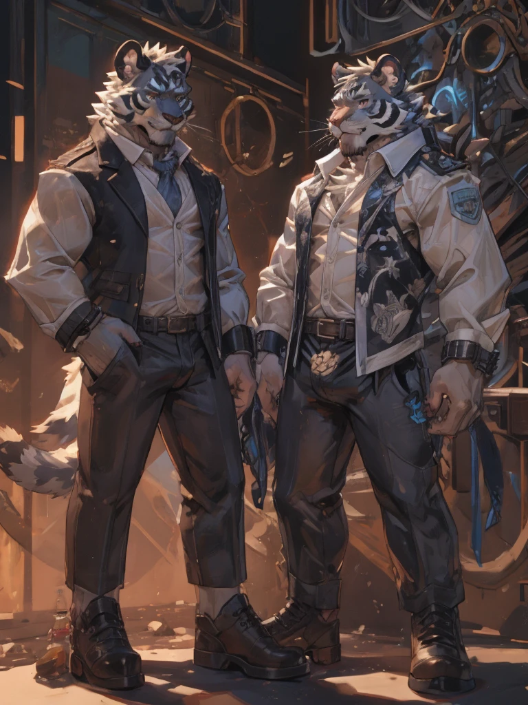 {{bara extremely handsome white tiger,}} {{white fur,}} white, wearing elegant ornate suit jacket, trousers, white dress shirt and necktie, white fluffy furry body and limbs, loafers, very tall, very broad shoulders, narrow waist, muscular arms, massive pecs, purple eyes, very long legs, massive bulge, sophisticated hot look, sexy pose, full body, sunlight casting over, 3/4 view, best quality, high quality, silver earring on left ear, sultry smirk, multiple views, character sheet