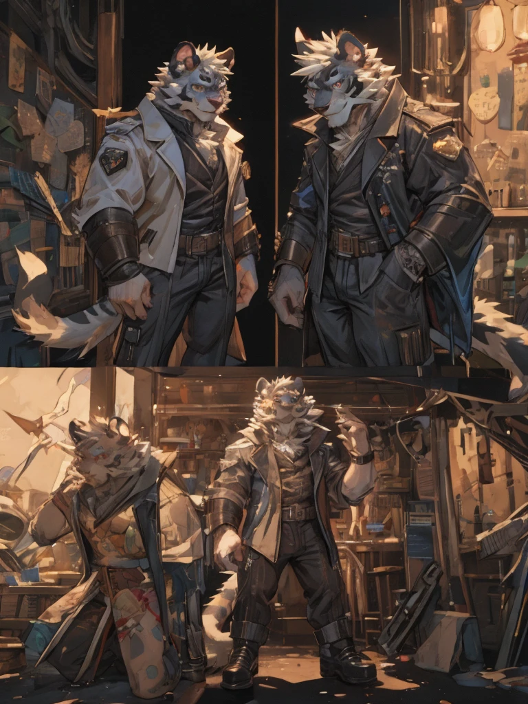 {{bara extremely handsome white tiger,}} {{white fur,}} white, wearing elegant ornate suit jacket, trousers, white dress shirt and necktie, white fluffy furry body and limbs, loafers, very tall, very broad shoulders, narrow waist, muscular arms, massive pecs, purple eyes, very long legs, massive bulge, sophisticated hot look, sexy pose, full body, sunlight casting over, 3/4 view, best quality, high quality, silver earring on left ear, sultry smirk, multiple views, character sheet