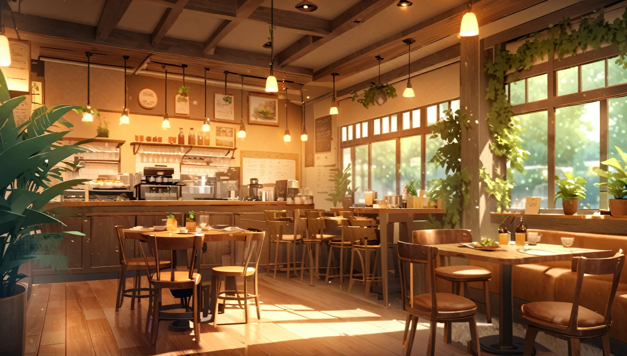 There is a picture of a restaurant with many tables and chairs, cozy Cafe background, Studio Greeble Makoto Shinkai, pleasant Cozy atmosphere, Cafe interior, Makoto Shinkai's Style, Anime Background Art, ( ( makoto shinkai ) ), makoto shinkai. —h 2160, Cozy atmosphere, Cafe, Sunny atmosphere