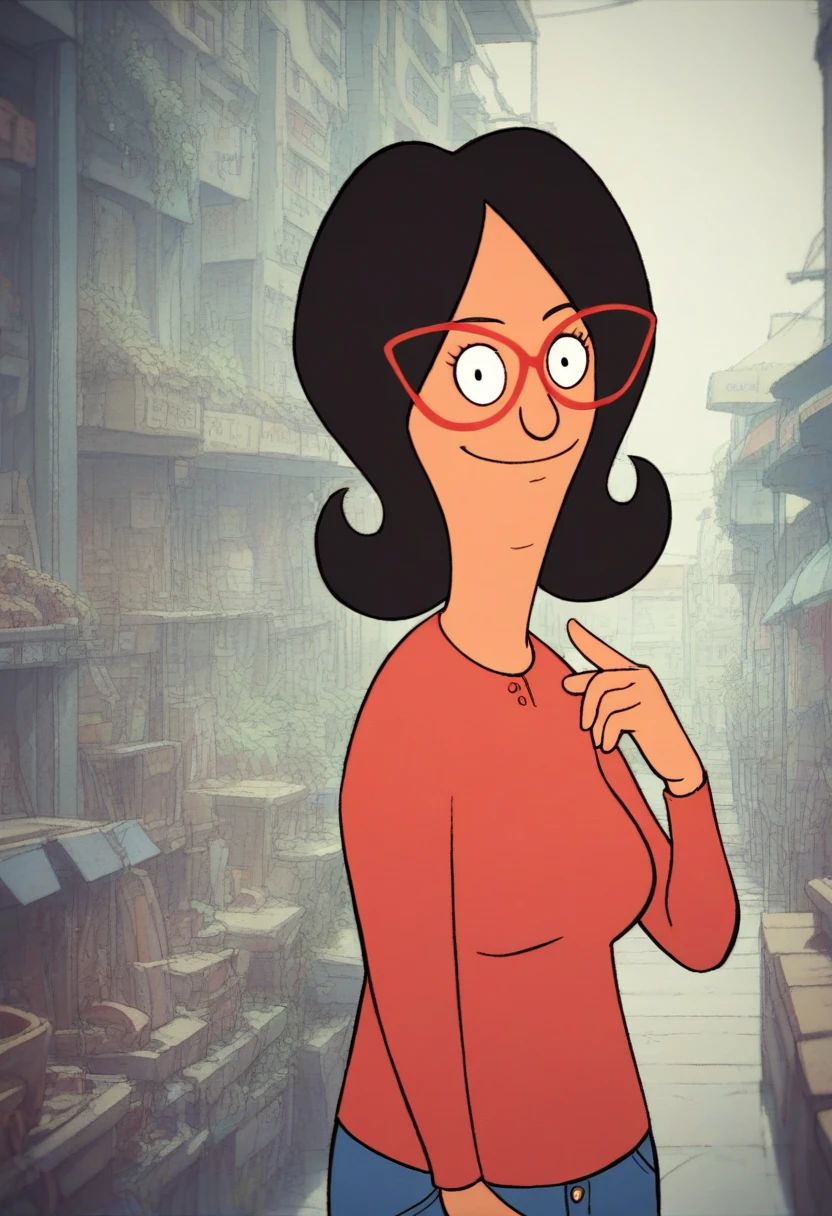 linda, 1girl, black hair, solo, glasses, red-framed eyewear, smile, red shirt, looking at viewer,upper body, jeans, long sleeves, pants,looking at viewer, zPDXLxxx,
