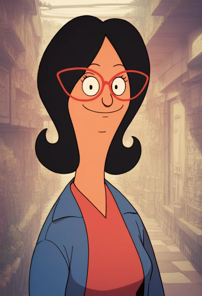 linda, 1girl, black hair, solo, glasses, red-framed eyewear, smile, red shirt, looking at viewer,upper body, jeans, long sleeves, pants,looking at viewer, zPDXLxxx,