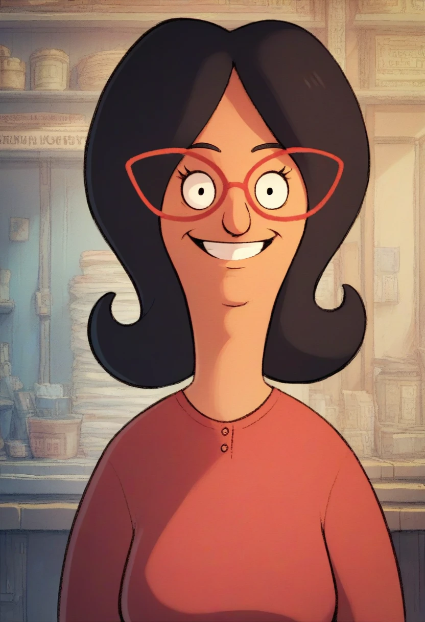 linda, 1girl, black hair, solo, glasses, red-framed eyewear, smile, red shirt, looking at viewer,upper body, jeans, long sleeves, pants,looking at viewer, zPDXLxxx,