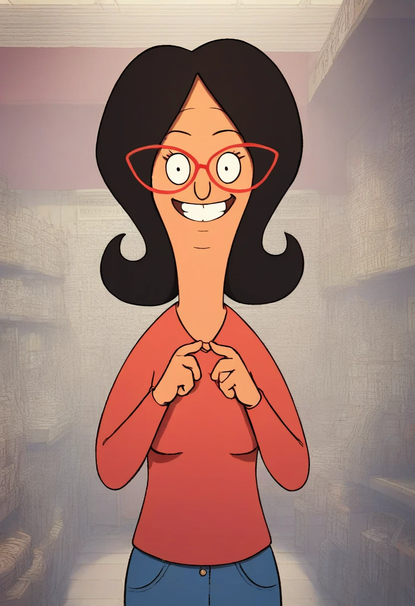 linda, 1girl, black hair, solo, glasses, red-framed eyewear, smile, red shirt, looking at viewer,upper body, jeans, long sleeves, pants,looking at viewer, zPDXLxxx,