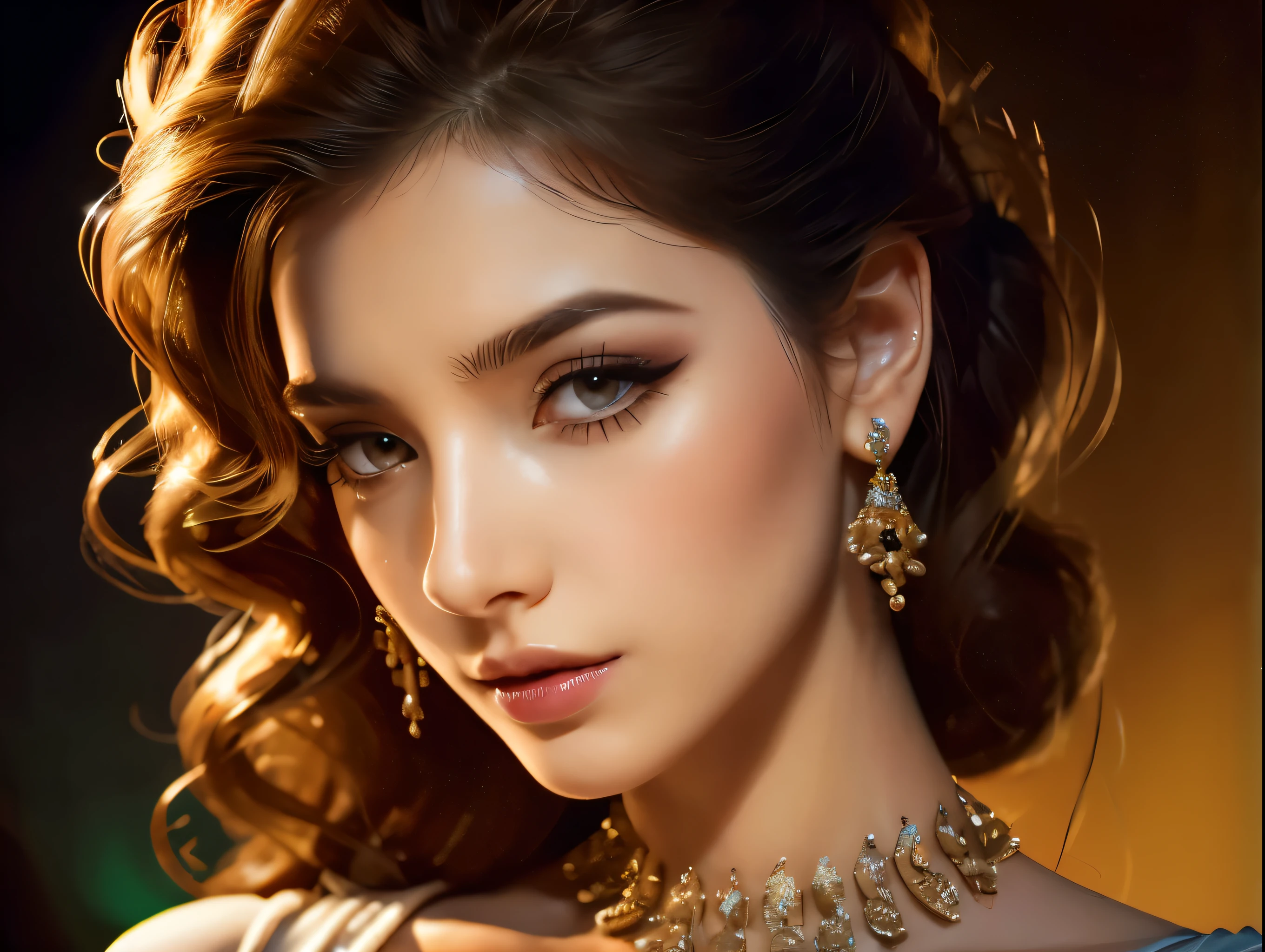 A close up of a woman with a necklace and earrings - SeaArt AI