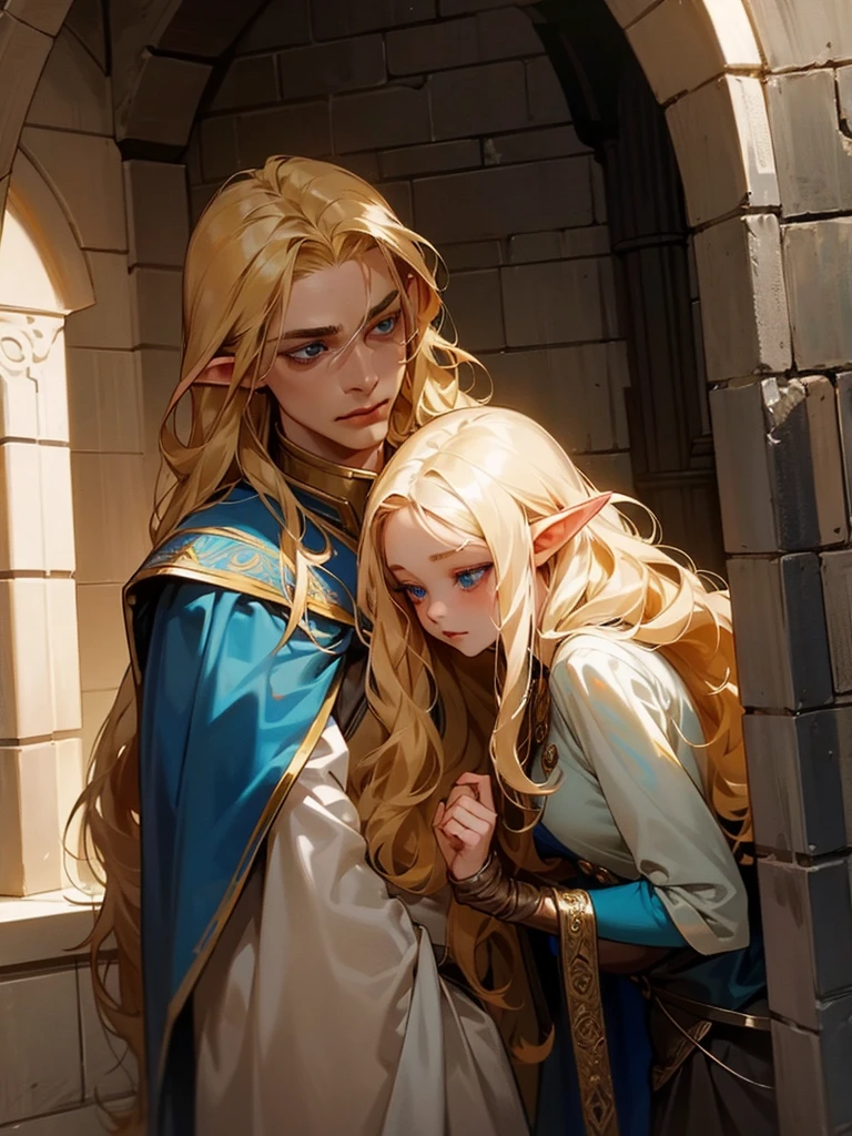 A beautiful elf was violated by a soldier in a dark alley. She has long wavy golden hair, blue eyes, and fair skin. The nobility was violated. Male Elf.