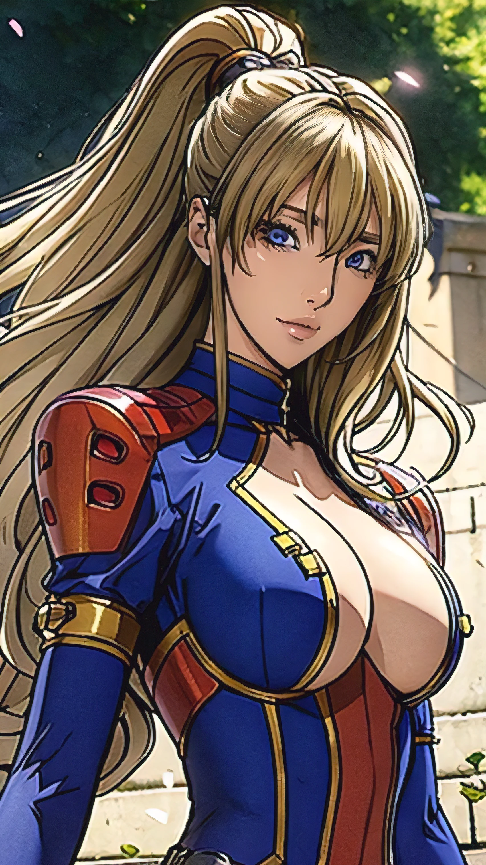 best quality, official art, masterpiece, textile shading, HDR, very detailed, colorful, best details, fantasy, battle suit, Leila Malcal:1.5, 1 female, 25 years old, gold hair, long hair, curly hair, best quality, official art, masterpiece, textile shading, HDR, very detailed, colorful, best details, fantasy, battle suit,1 female, 25 years old, standing on stairs, a castle town with an old castle view, sunny, random hair, big breast, skinny, Surrounded by a large crowd:1.9, Confetti flutters, Blessed, Being welcomed:1.5, cameltoe:1.3, ground level shot:,