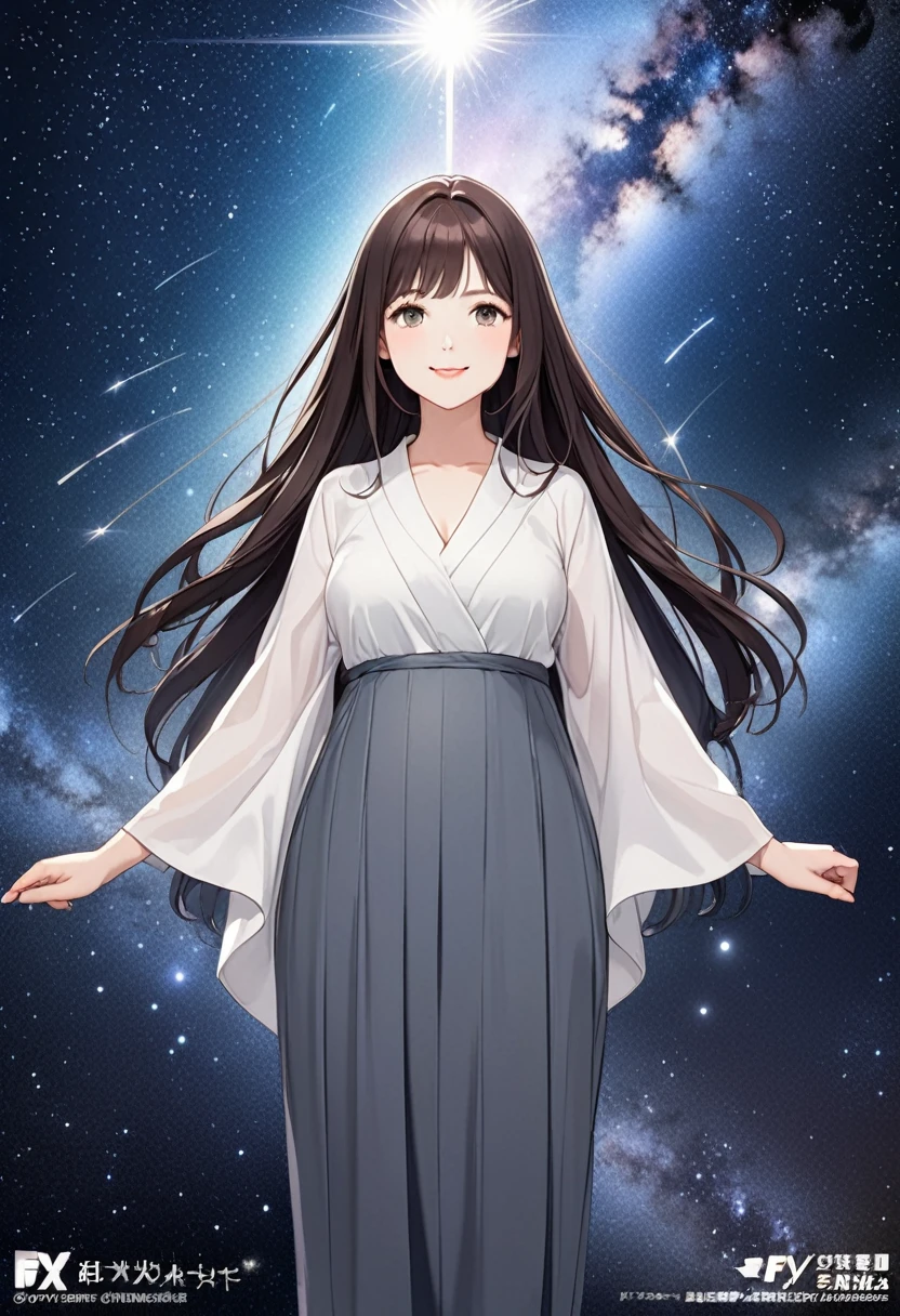 A full-body illustration of a beautiful slender woman with straight hair in brown and gray ash color, about 22 years old, plump red sexy lips, smiling. She is a Forex trader. On the day of Tanabata, she disguises herself as Orihime and smiles with the milky way in the background (milky way, Starry Sky, FX Chart) (Shimmering, Shining Clothes, Shining Eyes) There is a dynamic and shining illustration like Pixiv.