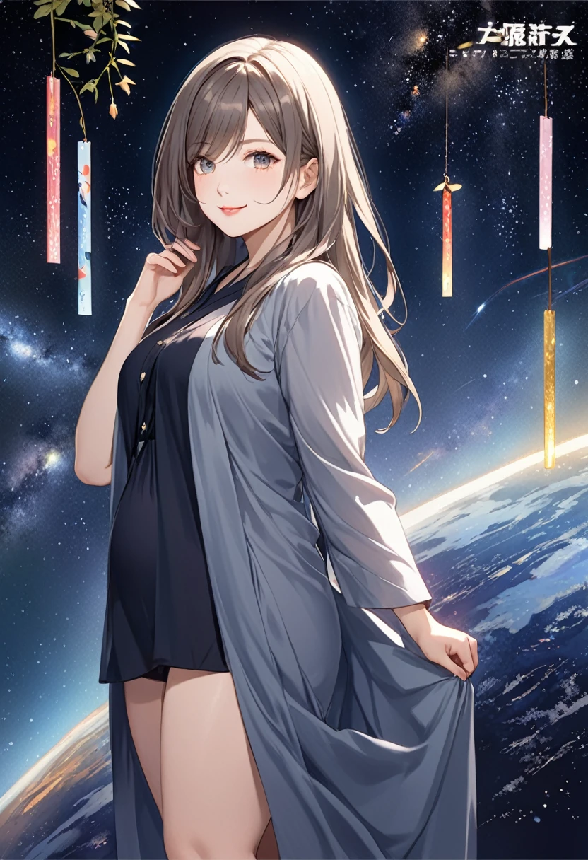 A full-body illustration of a beautiful slender woman with straight hair in brown and gray ash color, about 22 years old, plump red sexy lips, smiling. She is a Forex trader. On the day of Tanabata, she disguises herself as Orihime and smiles with the milky way in the background (milky way, Starry Sky, FX Chart) (Shimmering, Shining Clothes, Shining Eyes) There is a dynamic and shining illustration like Pixiv.