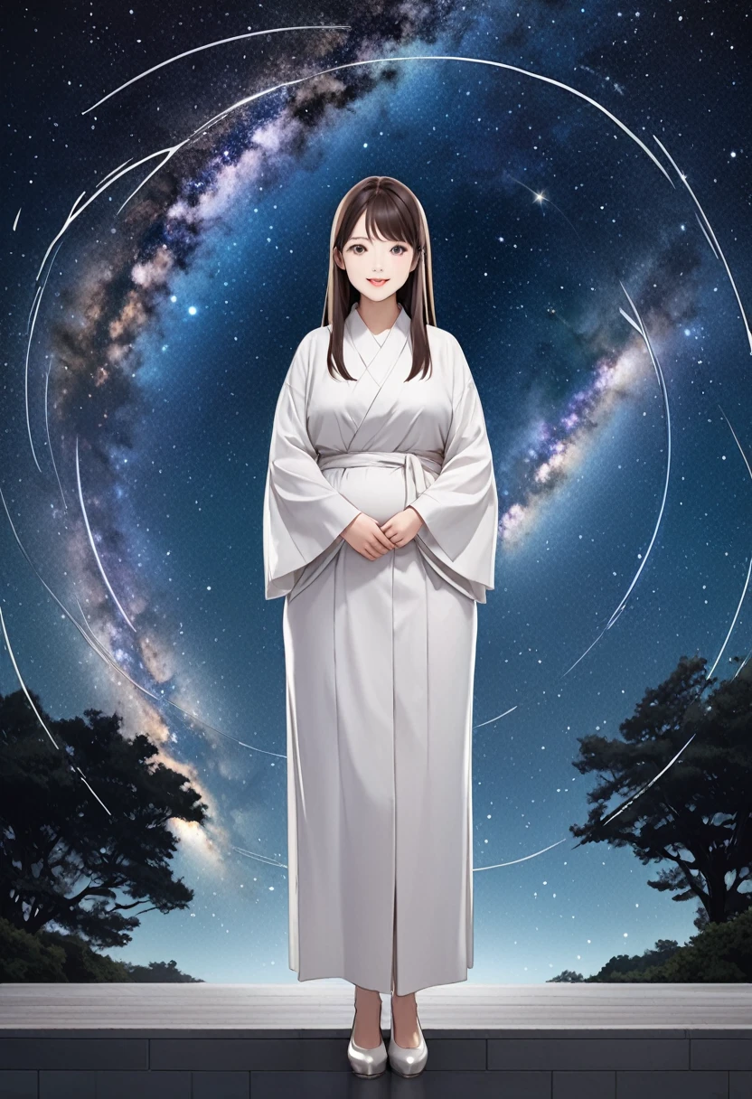 A full-body illustration of a beautiful slender woman with straight hair in brown and gray ash color, about 22 years old, plump red sexy lips, smiling. She is a Forex trader. On the day of Tanabata, she disguises herself as Orihime and smiles with the milky way in the background (milky way, Starry Sky, FX Chart) (Shimmering, Shining Clothes, Shining Eyes) There is a dynamic and shining illustration like Pixiv.