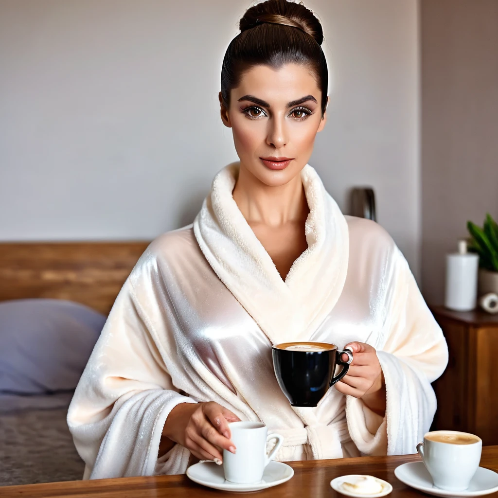bearded lady, brown eyes, wet brown hair slicked back, big nose, in dressing gown serves coffee