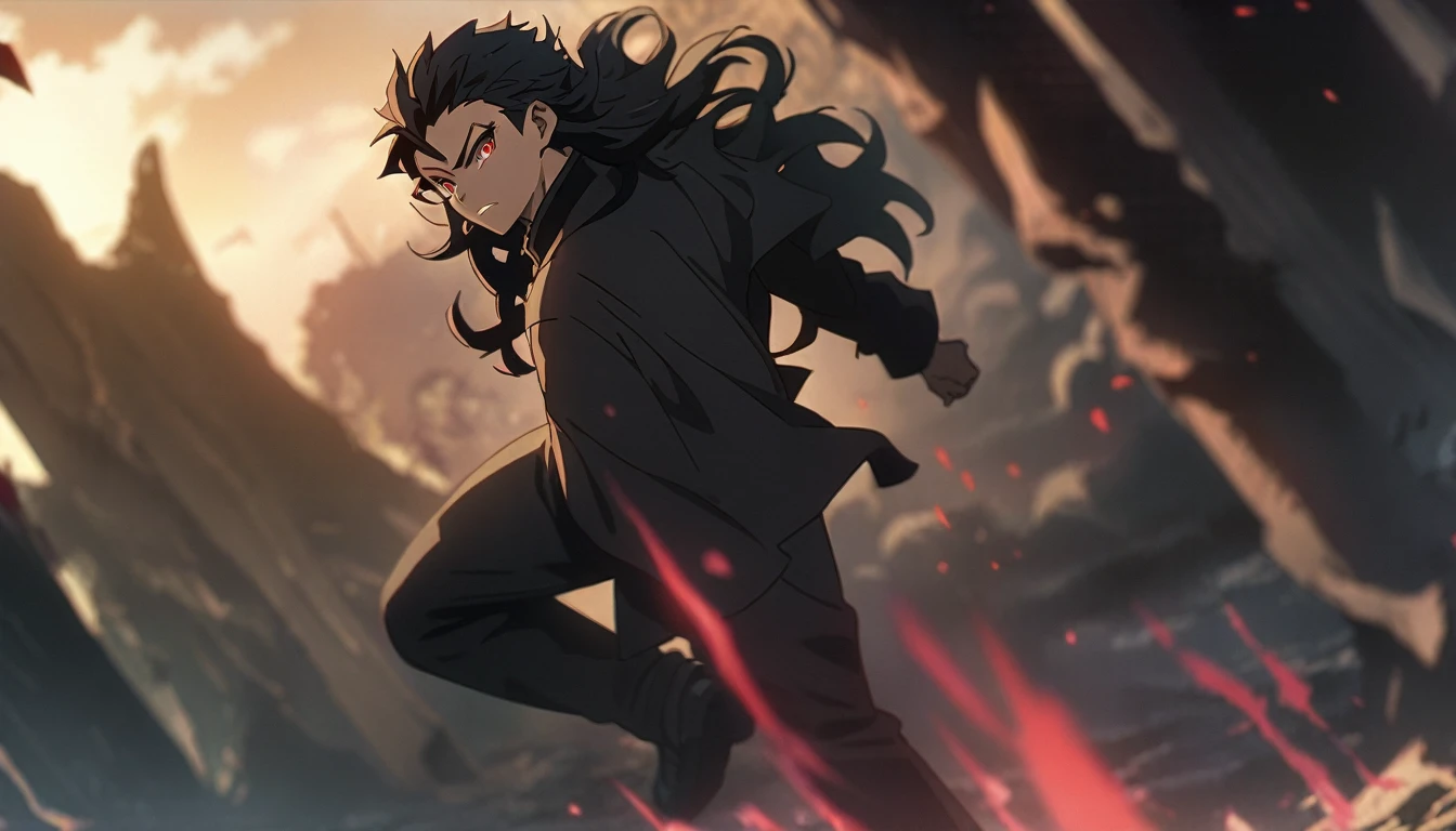 masterpiece, best quality, , 1boy, solo, male focus, looking at viewer, side picture, depth of field, anime coloring, gajeel_redfox, black hair, red eyes, long hair, The Valley of the Damned, 12k resolution, full body, black clothes,