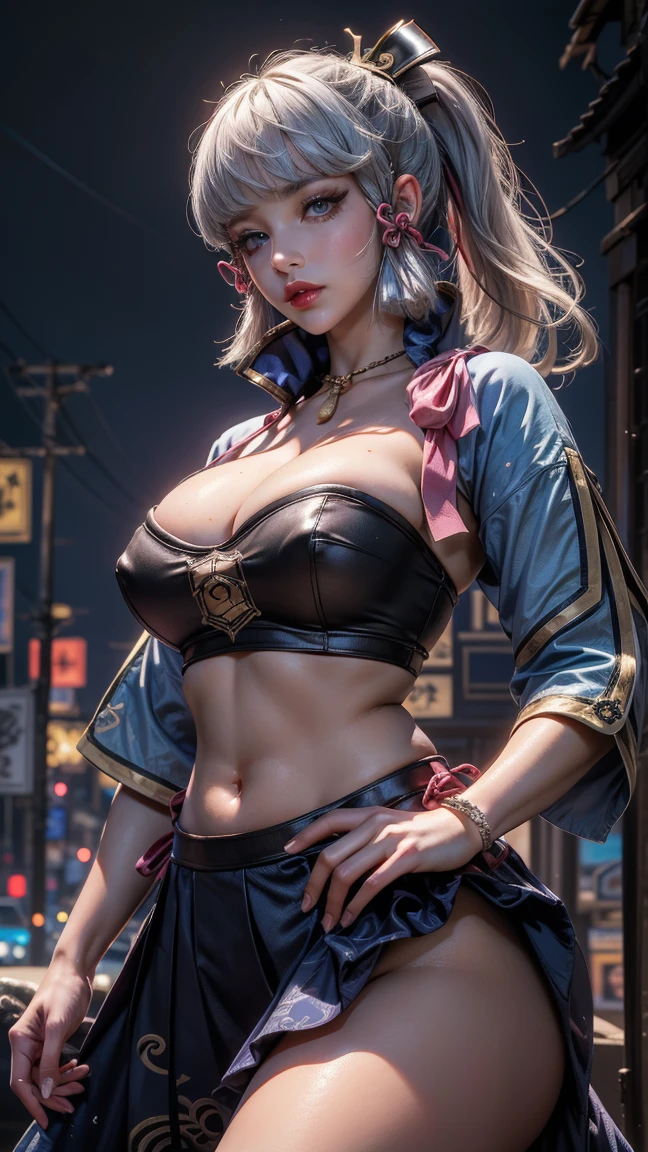((masterpiece)),(bestquality),((ultra-detailed)), ((beautiful detailed sky)), ((cinematic lighting)), depth of field, (dynamic angle),detailed lighting,(beautiful detailed eyes), ((night city view)),red lip, eyeshadow,large breast, ((sexy)), cleavage, navel, (kamisatoayakadef, kamisatoayakarnd, kamisatoayakaspring)