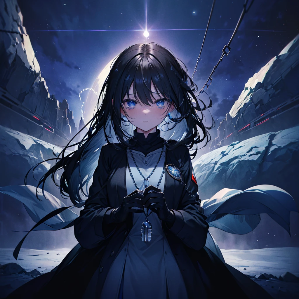 (((Lock)))　((High resolution　Black Hair　Long Hair　Dull blue eyes　uniform　Lonely　despair))　((necklace　tears　gloves))　(night　Distorted Space-Time　star　moon　)　Catch the wind　Light