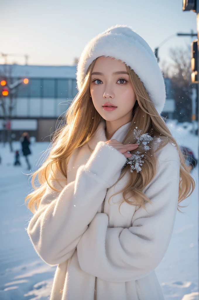 proFessional portrait photograph oF a gorgeous Norwegian girl in winter clothing with long wavy blonde hair, sultry Flirty look, gorgeous symmetrical Face, Cute natural makeup, wearing elegant warm winter Fashion clothing, ((Stand outside the snow-capped city streets)), Stunning modern city environment, Surreal, Concept Art, elegant, Very detailed, complex, sharp Focus, depth oF Field, F/1. 8, 85 mm, Medium shot拍摄, Medium shot, (((proFessionally color graded))), bright soFt diFFused light, (Volumetric fog), Trending topics on Instagram, hdr 4k, 8K