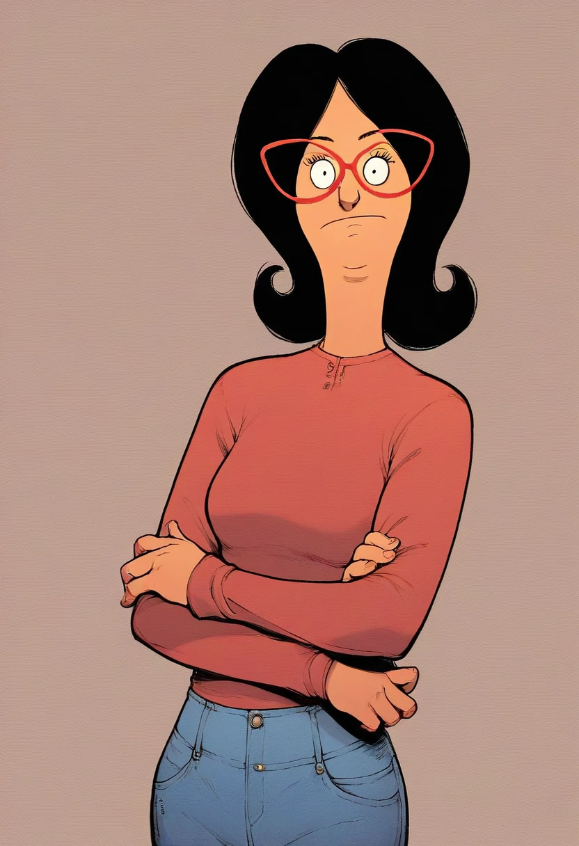 linda, 1girl, black hair, solo, glasses, red-framed eyewear, smile, red shirt, looking at viewer,upper body, jeans, long sleeves, pants,looking at viewer,shrugging, frown, zPDXLxxx, simple background,
