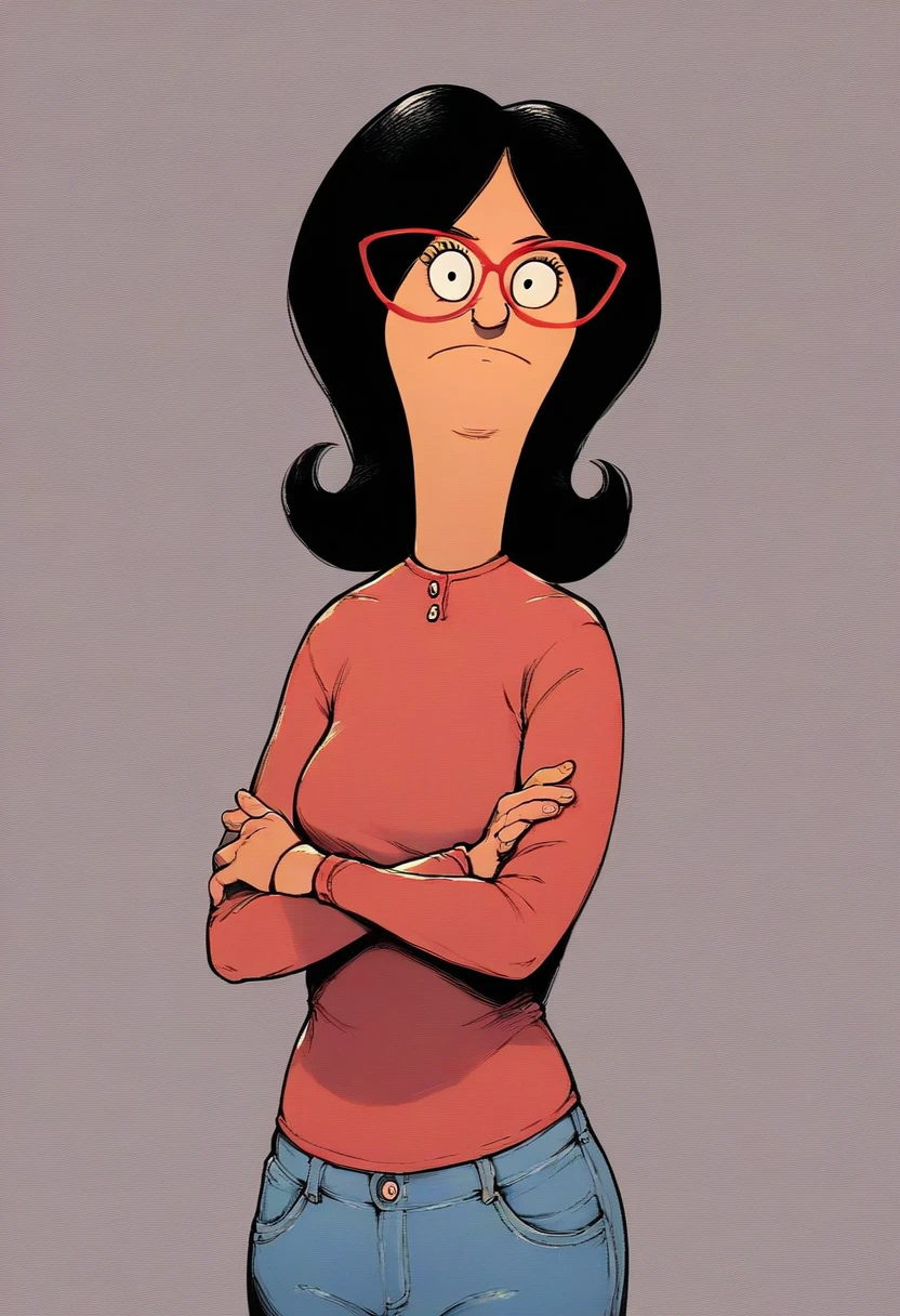 linda, 1girl, black hair, solo, glasses, red-framed eyewear, smile, red shirt, looking at viewer,upper body, jeans, long sleeves, pants,looking at viewer,shrugging, frown, zPDXLxxx, simple background,