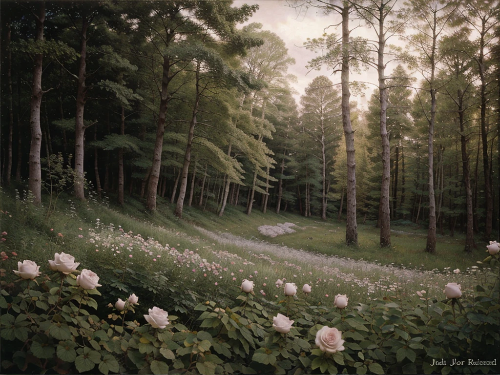 Wild roses in the forest, oil painting, ethereal, dreamy, soft pastel colors, by John Bauer