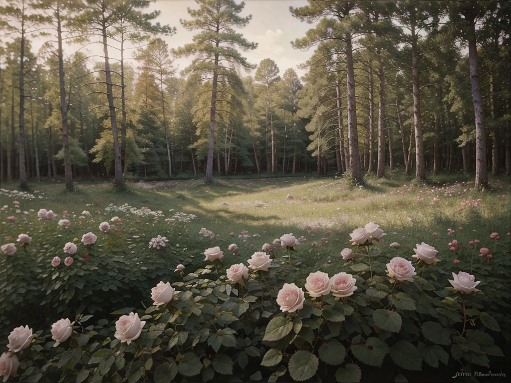 Wild roses in the forest, oil painting, ethereal, dreamy, soft pastel colors, by John Bauer