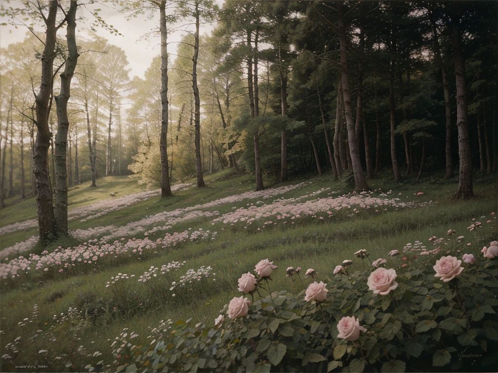 Wild roses in the forest, oil painting, ethereal, dreamy, soft pastel colors, by John Bauer