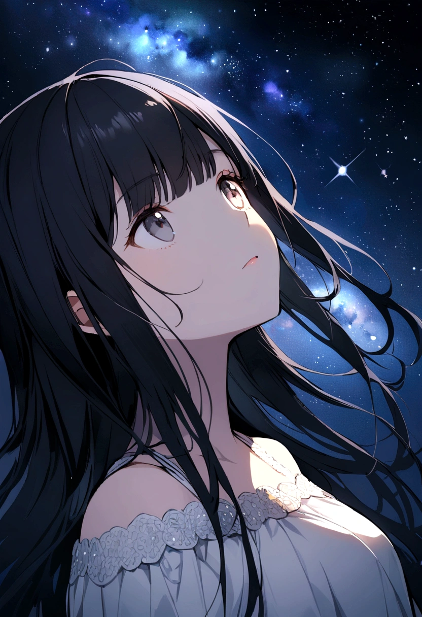 girl with long black hair with even and straight bangs, gray eyes, wearing a white dress, looking up at the starry sky