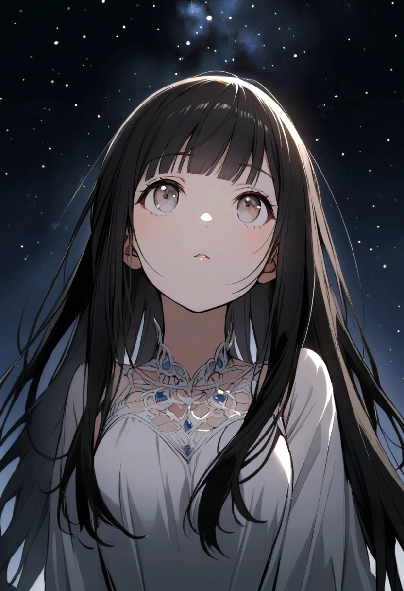 girl with long black hair with even and straight bangs, gray eyes, wearing a white dress, looking up at the starry sky