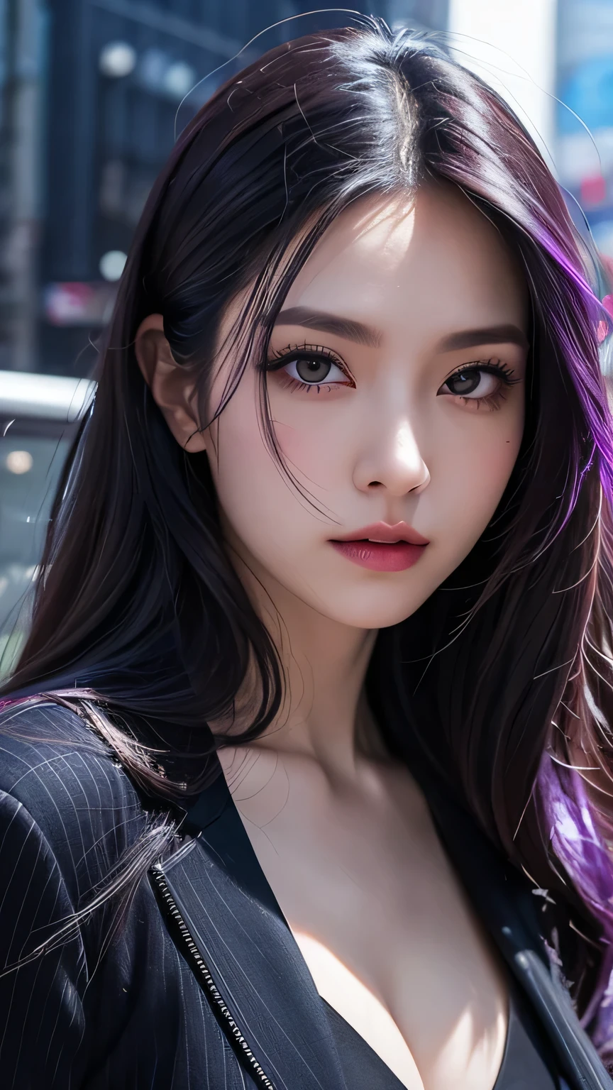 spider-woman, black suit, dangerous, beautiful eyes, violet hair, half body, masterpiece, ultra high details, Tokyo city