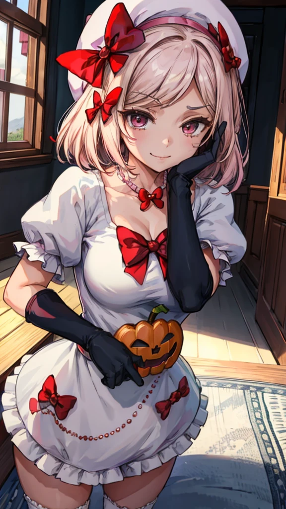 (masterpiece),(best quality), lambdadelta ,dress, striped stockings, red bow, pink hat, necklace, gloves, pearl, pumpkin brooch, crazy face, upper body, persistent stare, mountains, forest, looking at the viewer, red sky, yandere trance, yandere, hands on own face,hands on own cheeks, blank eyes, blush, large smile, yandere smile, nude , naked tits, natural small breast, nsfw